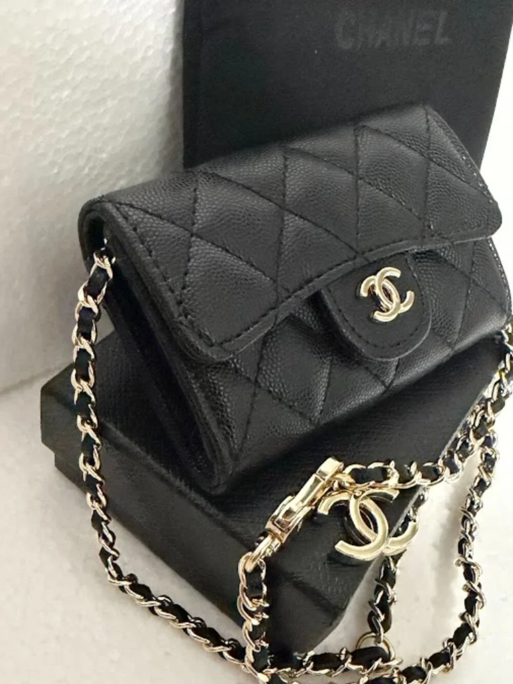 Black Quilted Caviar Leather Mini Flap Card Holder Chain Crossbody Wallet